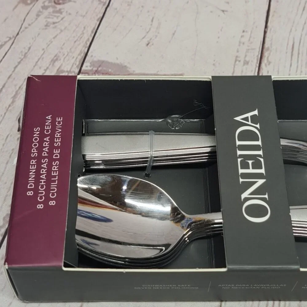 New Oneida Jordan 895451 Frosted‎ Stainless Silverware 8 Dinner Spoons 7.5”